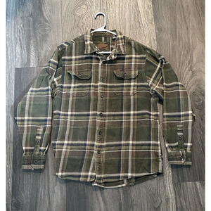 Orvis Heavy Green Brown Plaid Flannel Shirt Jacket Men Sz L Fisherman Warm READ